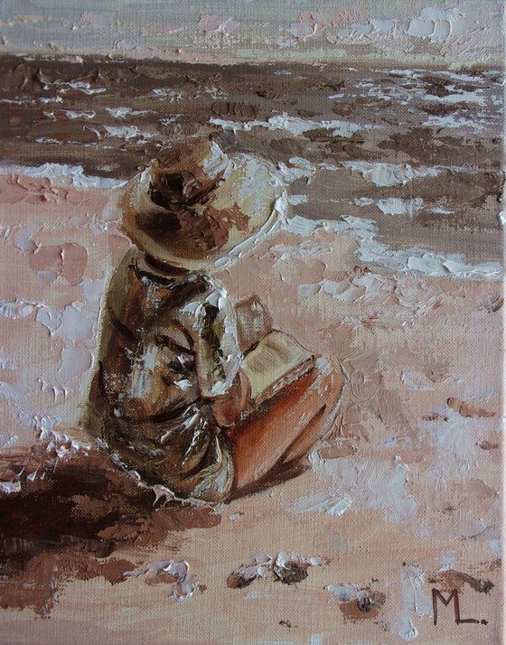 " BOOK LOVER ... VIII " original painting sea summer palette knife GIFT brown