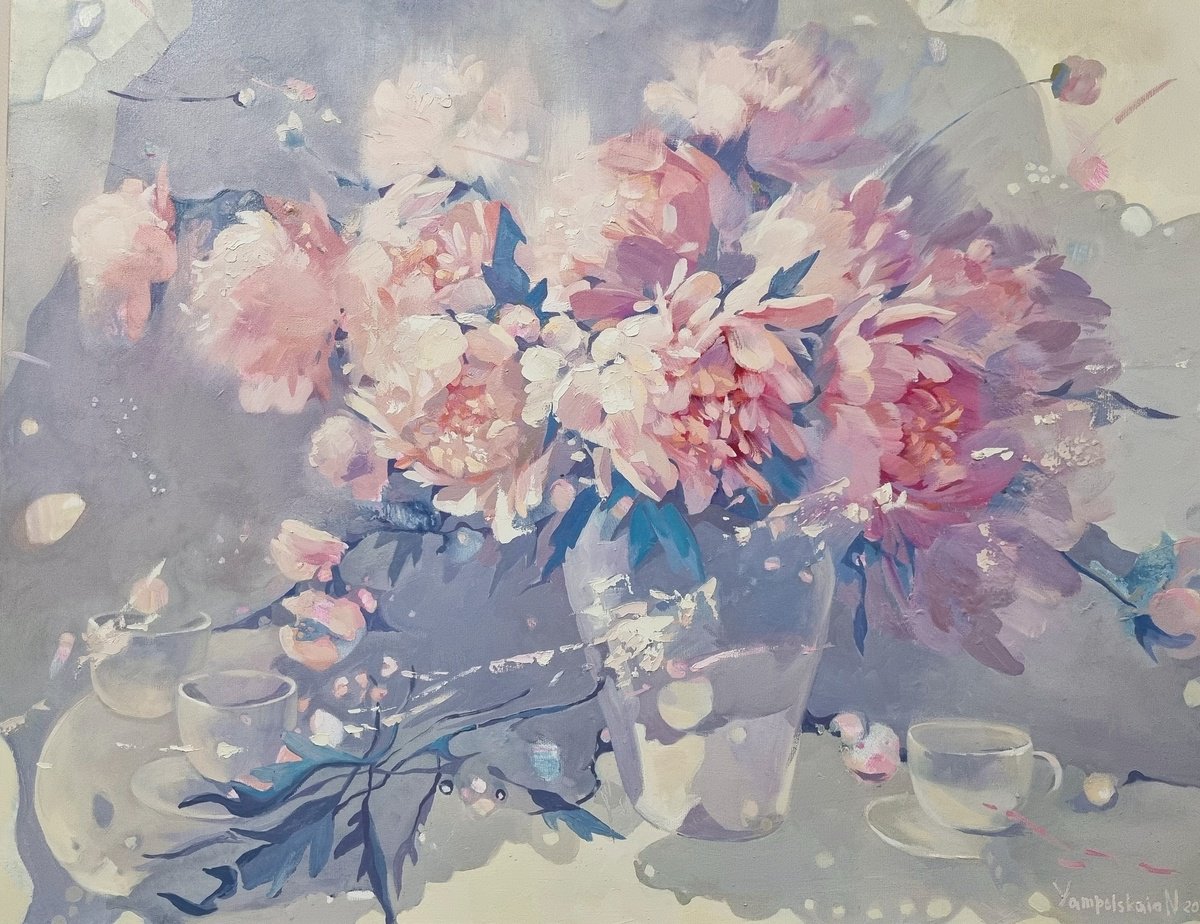 Impressionistic Botanical Oil Painting By Natalia Yampolskaia, 35 X 28", Peonies, Original Artwork