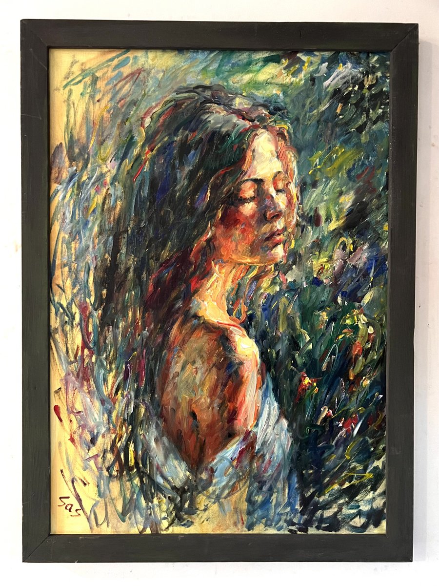 Impressionistic Portrait Oil Painting By Liubou Sas, 20 X 28", Catching The Sun, Original Artwork