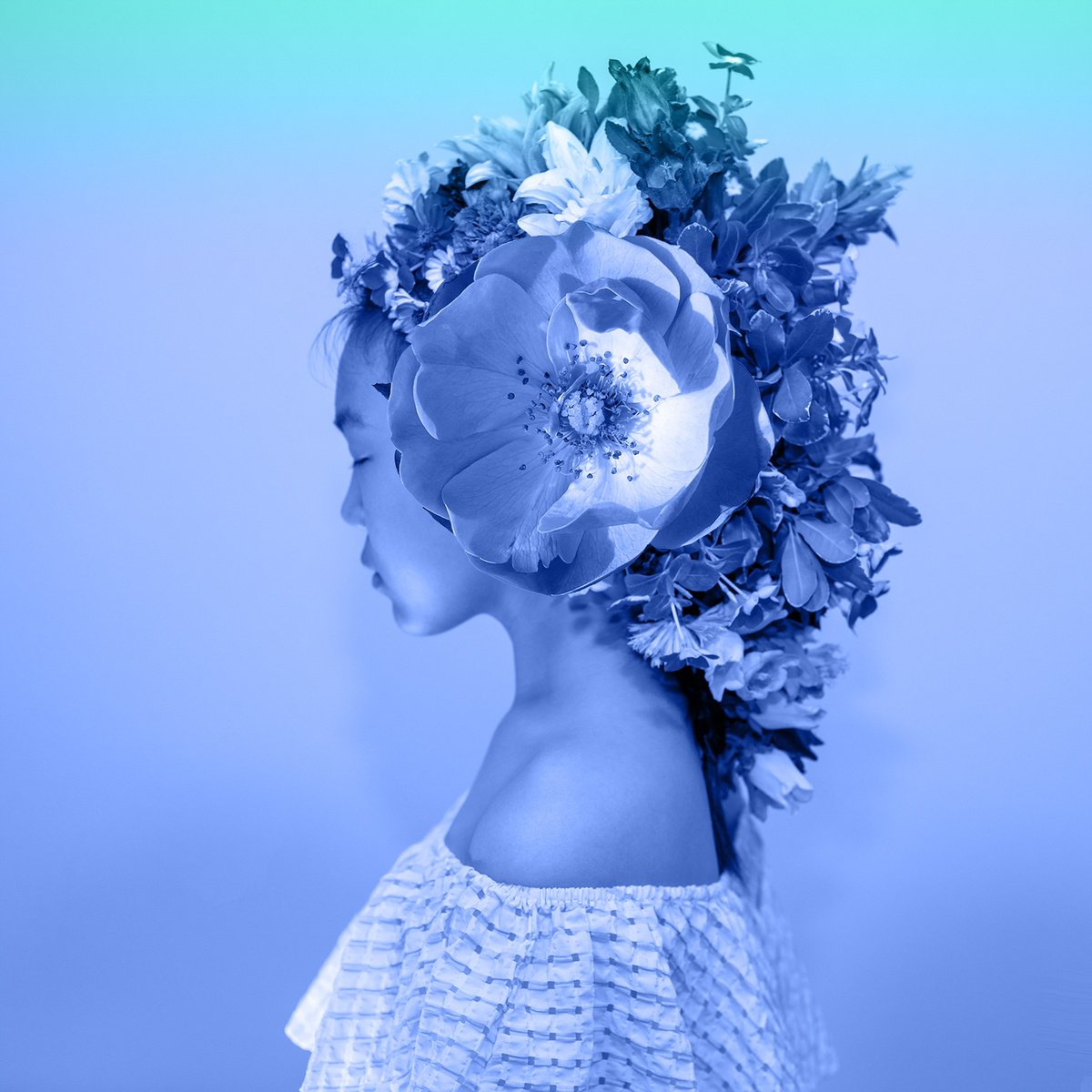 Surrealistic Portrait Photograph By Ziesook You, 20 X 20", Listening Blue, Original Artwork