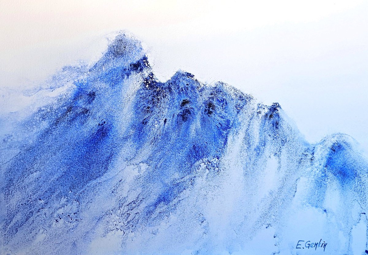 Impressionistic Landscape Watercolour By Elena Genkin, 16 X 12, Whispers Of The Blue Peaks, Original Artwork