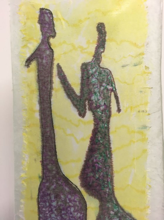 Rock couple - glass-mounted translucent silk drawing - ready to display - window sculpture