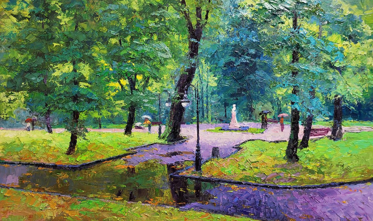 Impressionistic Landscape Oil Painting By Boris Serdyuk, 31 X 20, City Park, Original Artwork