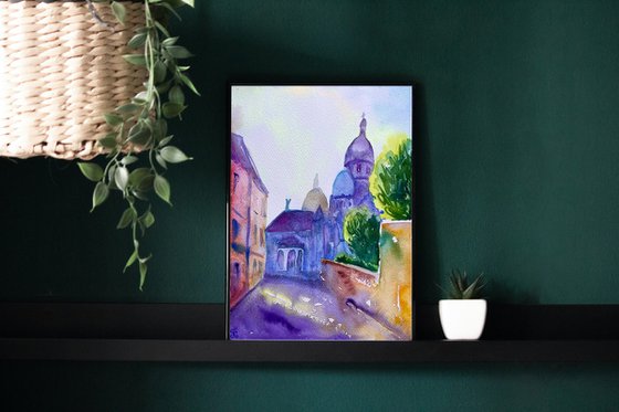 Paris Watercolor Painting, Montmartre Cityscape Art, French City Original Artwork, Romantic Wall Decor