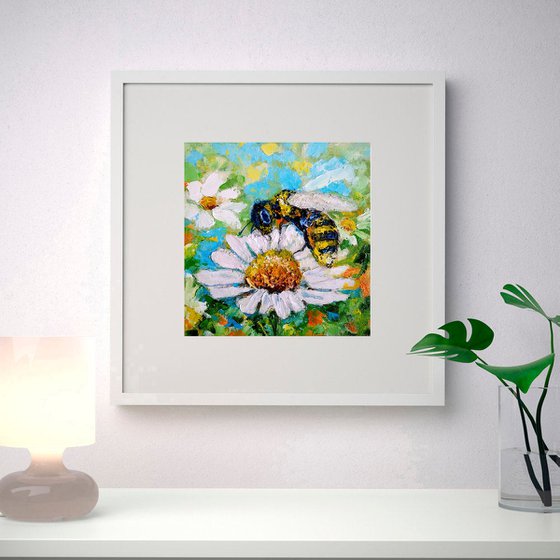 Bee and Daisy, Bee Painting Original Art Daisy Artwork Impasto Small Wall Art