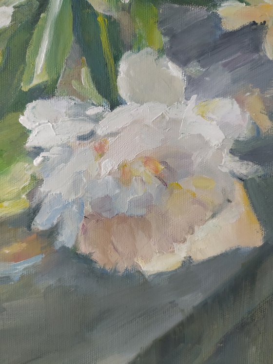 Peonies on the bench