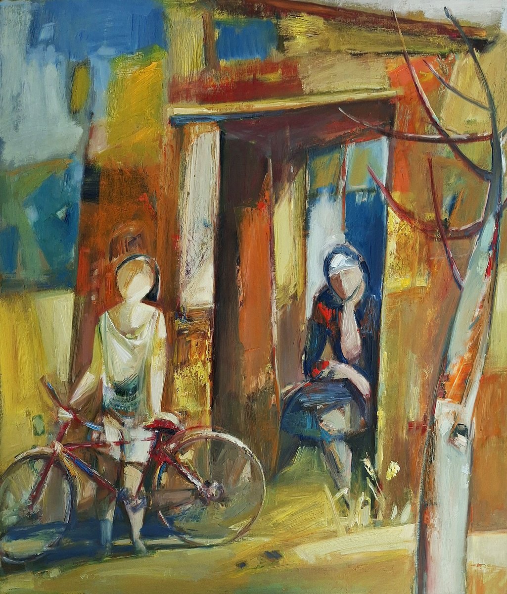 Abstract Portrait Oil Painting By Matevos Sargsyan, 24 X 28", Maternal Concern, Original Artwork