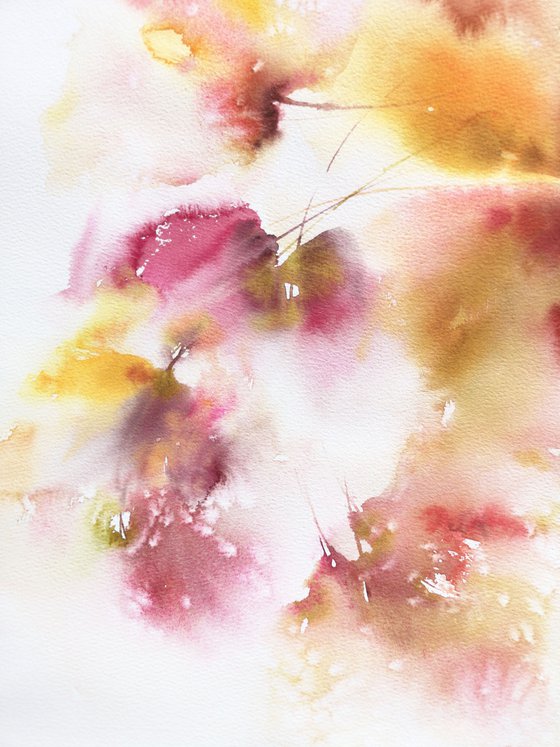 Yellow abstract flowers watercolor painting "Sunny day"