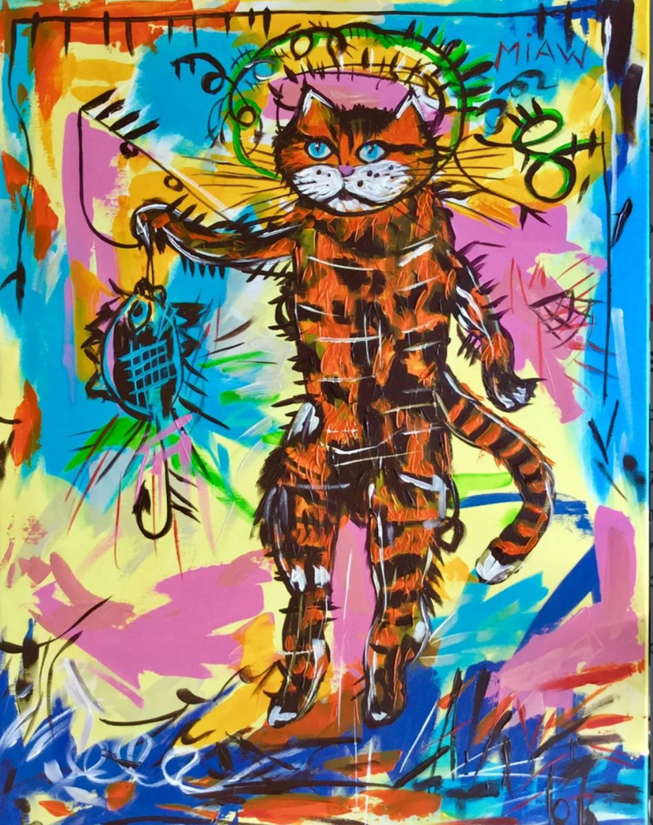 Expressive Animal Acrylic Painting By Olga Koval, 28 X 36", Fishing Basquiat Cat, Original Artwork