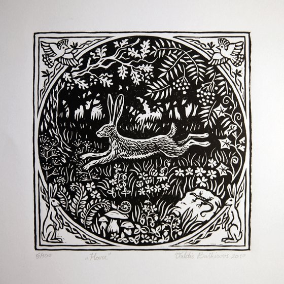 Hare linocut print.