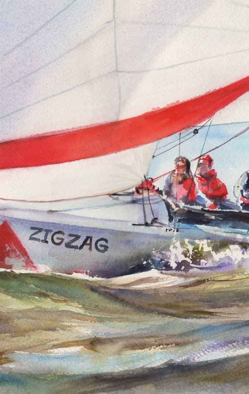 "Full speed ahead!" (yacht racing watercolor painting) by Irina Bibik-Chkolian
