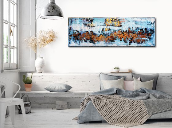 ABOVE THE CLOUDS * 71" x 23.6" * TEXTURED ARTWORK ON CANVAS * BLUE * WHITE * GOLD
