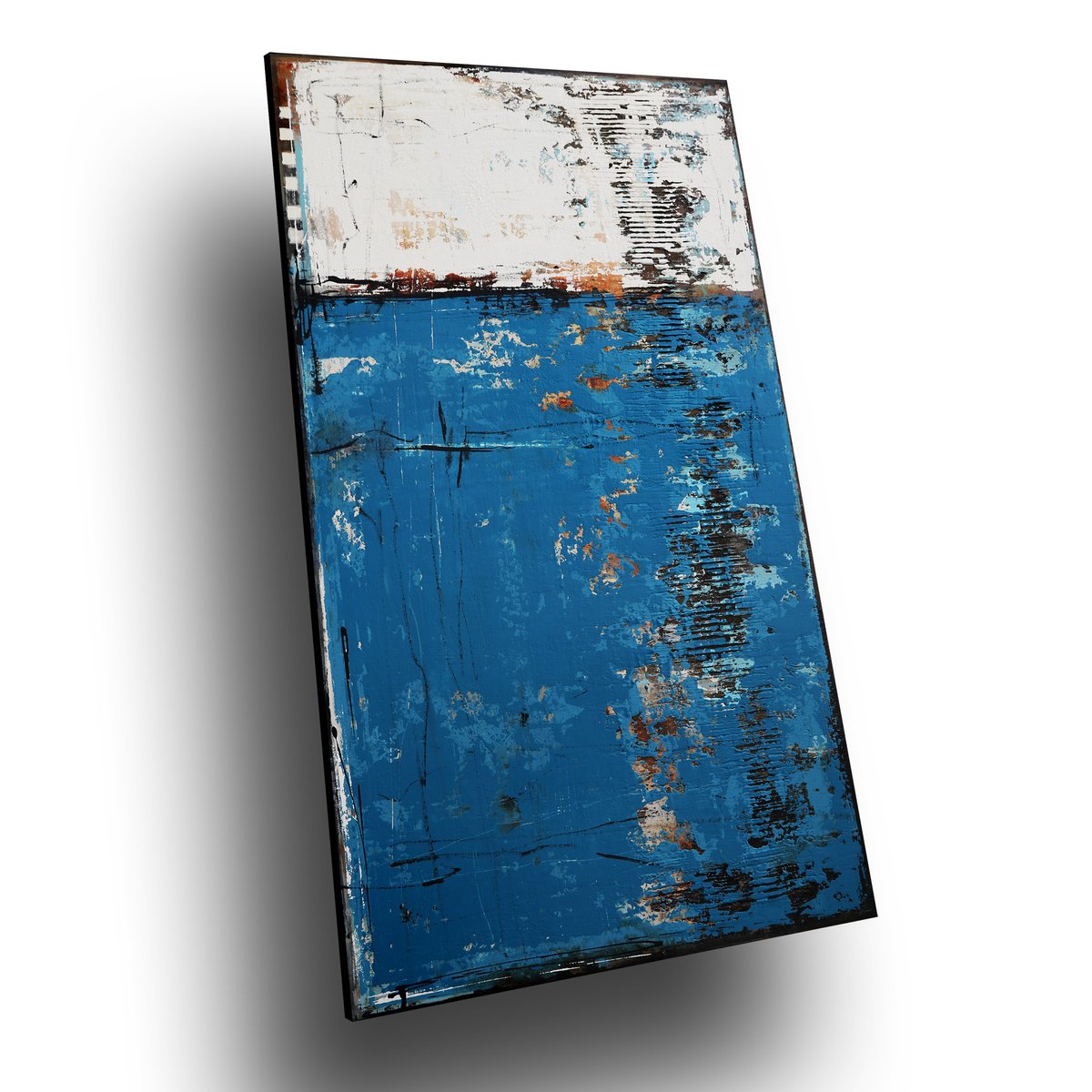 Organic Abstract Acrylic Painting By Inez Froehlich, 28 X 47, Vintage Blue, Original Artwork