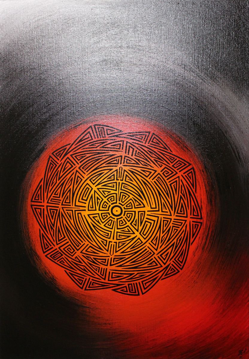 Abstract Acrylic Painting By Jonathan Pradillon, 15 X 22, Tribal Sun, Original Artwork