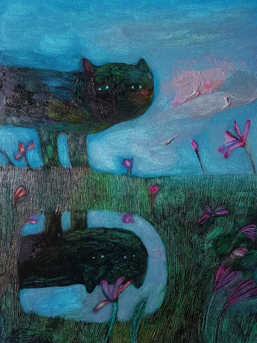 Expressive Animal Oil Painting By Anna Bulkina, 12 X 16, Puddle And Pink Cloud., Original Artwork