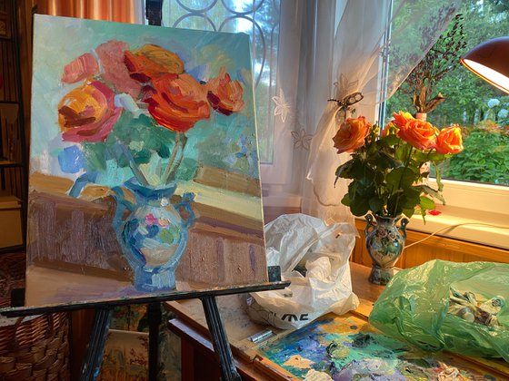 Roses in a vase, 35*45cm, impressionistic flowers oil painting in pink and turquoise