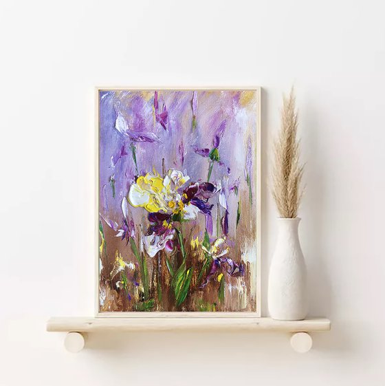 IRIS MOOD №2 - Iridodictyum. Irises. Flowers. Gift. Lilac color. Bouquet. Garden. Garden flowers. Field irises. Mini-art. Fast painting. The best solution. Gift painting. Postcard. Season. Holidays.