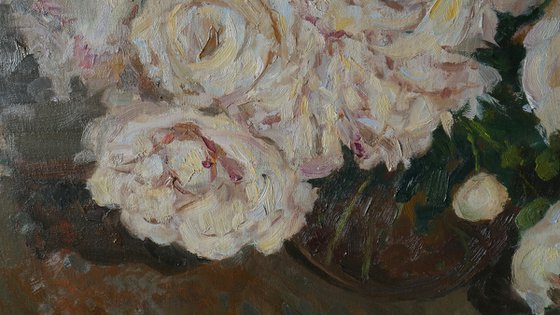 The Peonies Near The Night Window - peonies still life painting