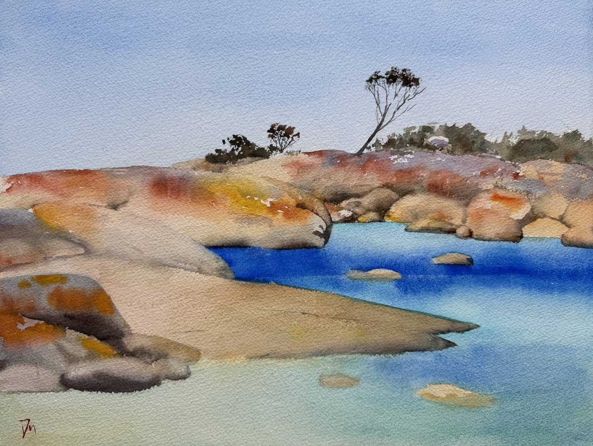 Impressionistic Landscape Watercolour By Shelly Du, 16 X 12", Tasmania - Bay Of Fire, Original Artwork
