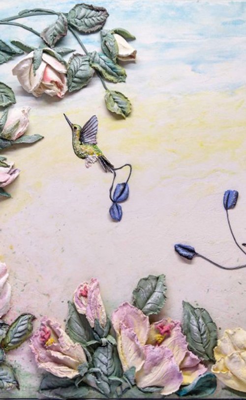 A moment before - light and delicate bas-relief with flowers and hummingbirds, 60x40x5 cm by Irina Stepanova