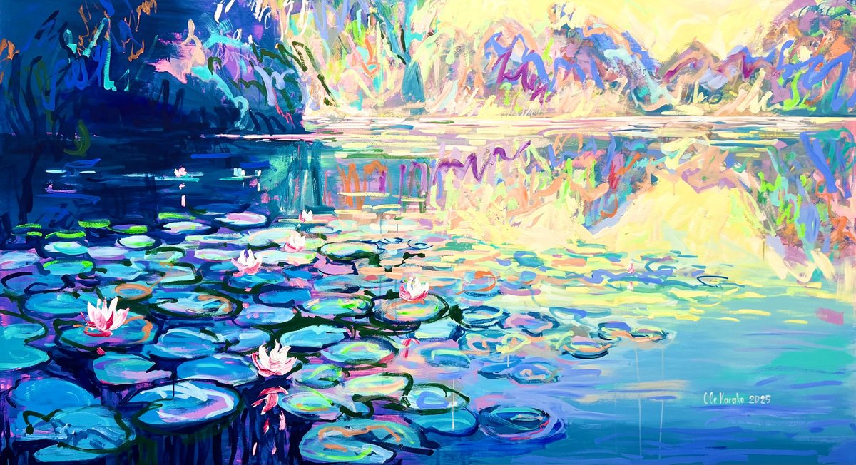 Expressive Botanical Acrylic Painting By Ole Karako, 83 X 47", Tranquil Reflections, Original Artwork