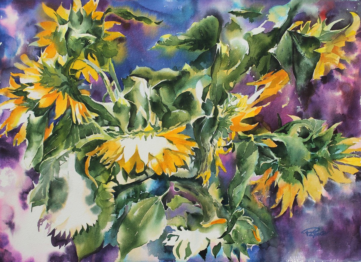 Impressionistic Botanical Watercolour By Yurii Pashkov, 30 X 22", Sunflowers#2, Original Artwork
