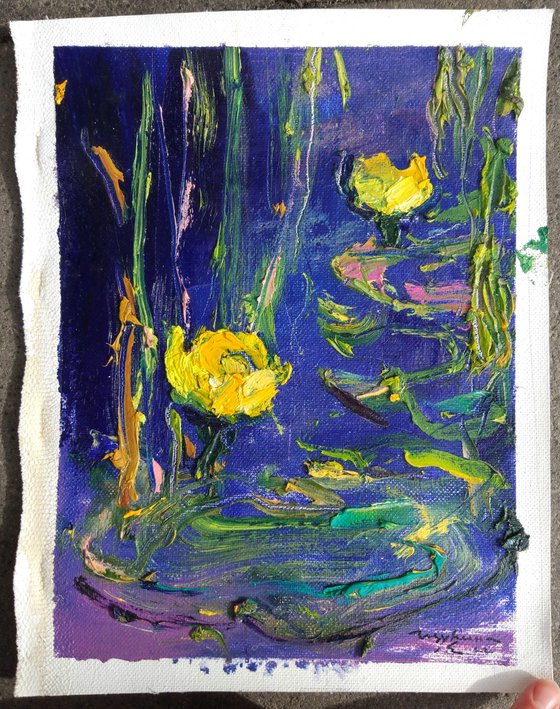 Water lilies small painting | Yellow and blue | Original oil painting