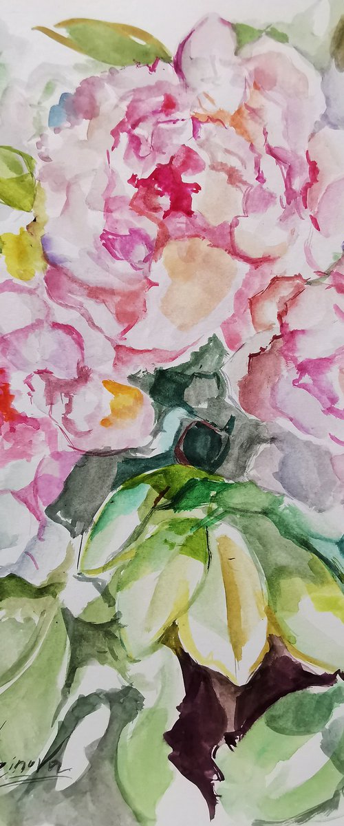 Peonies drawing on paper, Flower painting by Annet Loginova