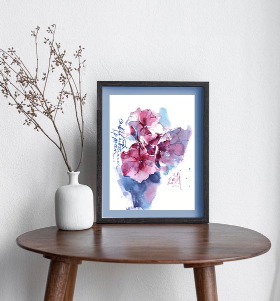 "Hydrangea. Pink Butterflies" original watercolor painting of hydrangea flowers, in small format