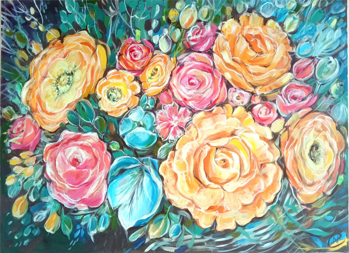 Impressionistic Botanical Oil Painting By Alina Skorokhod, 28 X 20, Floral Accord, Original Artwork