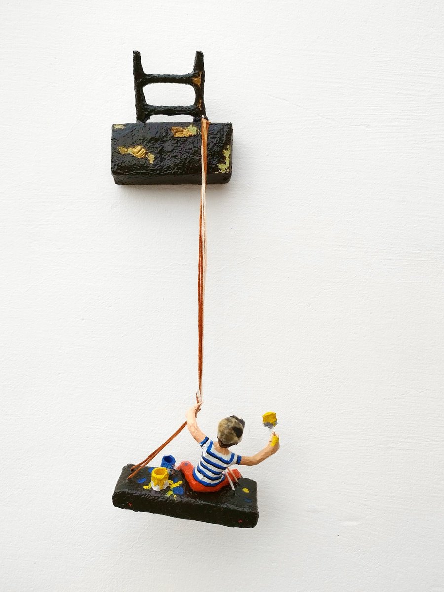 Impressionistic Abstract Sculpture By Shweta Mahajan, 3 X 11", Boy Painting The Wall, Original Artwork