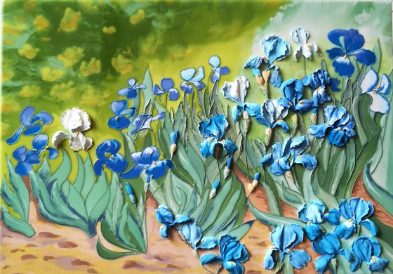 Van Gogh's irises - beautiful flowers that have turned from a painting into a bas-relief, 100x70x6 cm depts