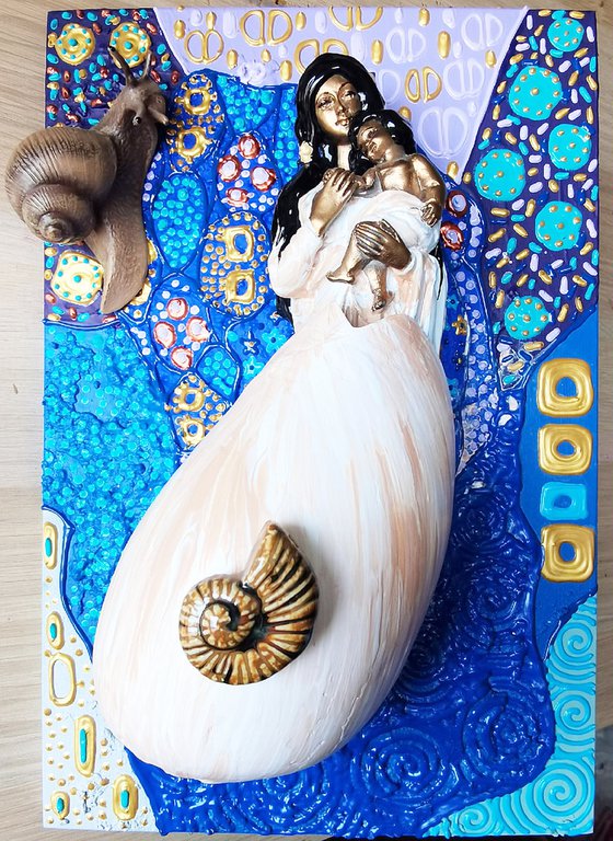 Mother and baby. Fairytale snail woman in sea shell