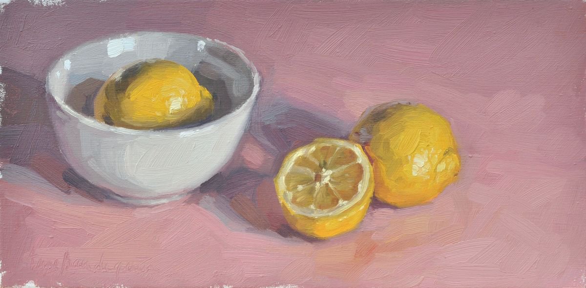 Lemons and white bowl, pink background by ANNE BAUDEQUIN