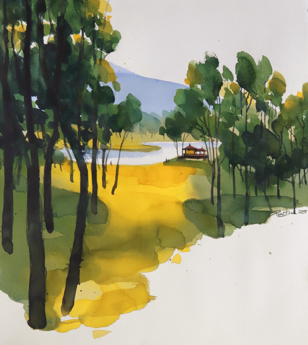 Landscape Watercolour By Prashant Prabhu, 20 X 23", Forest Greens Summer Yellows, Original Artwork