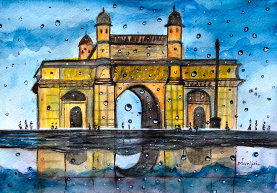 Gateway of India rainy watercolor landscape painting on sale