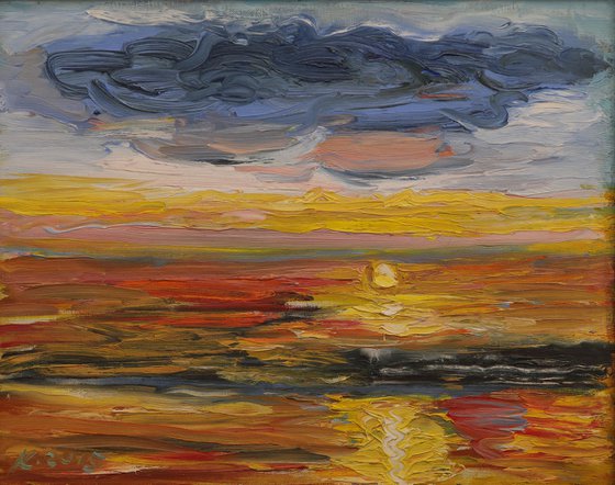 SUNRISE - Landscape art, seascape, skyscape, ocean, beach, sun over the ocean ray light, original oil painting, summer, nature, home decor