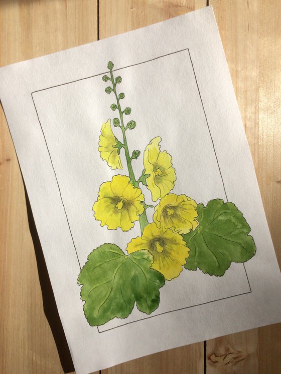 Flowers original watercolor - Yellow mallow illustration - Floral mixed media drawing - Gift idea