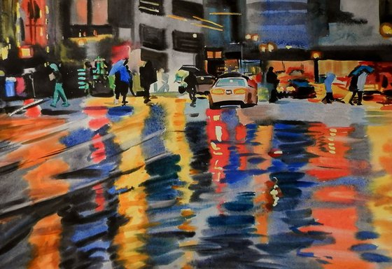 Evening rain, large watercolor 98x68 cm