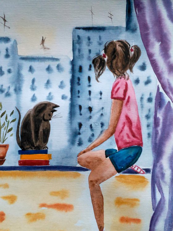 Little girl and cat original watercolor painting" Best friends"