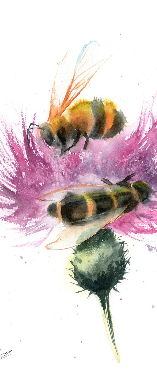 Bees and Thistle  -  Original Watercolor Painting by Olga Tchefranov (Shefranov)