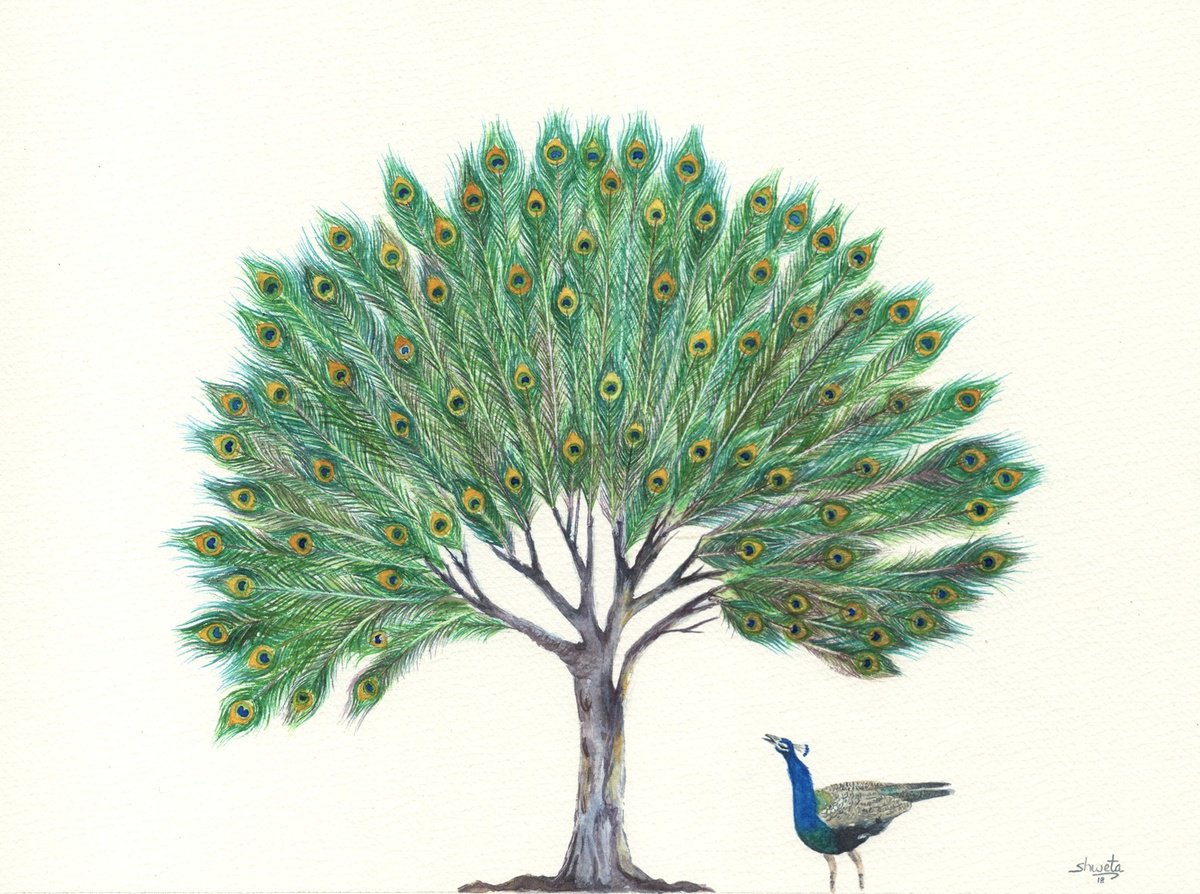 Surrealistic Abstract Watercolour By Shweta Mahajan, 12 X 9", Peacock Feather Tree, Original Artwork