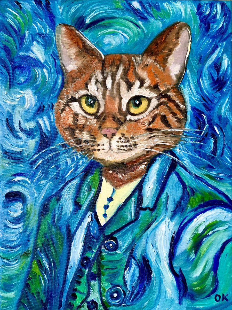 Cat Vincent Van Gogh inspired by his self-portrait on blue variations by Olga Koval