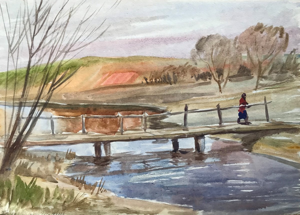 Impressionistic Landscape Watercolour By Viktor Mishurovskiy, 16 X 12", Road To The Village, Original Artwork