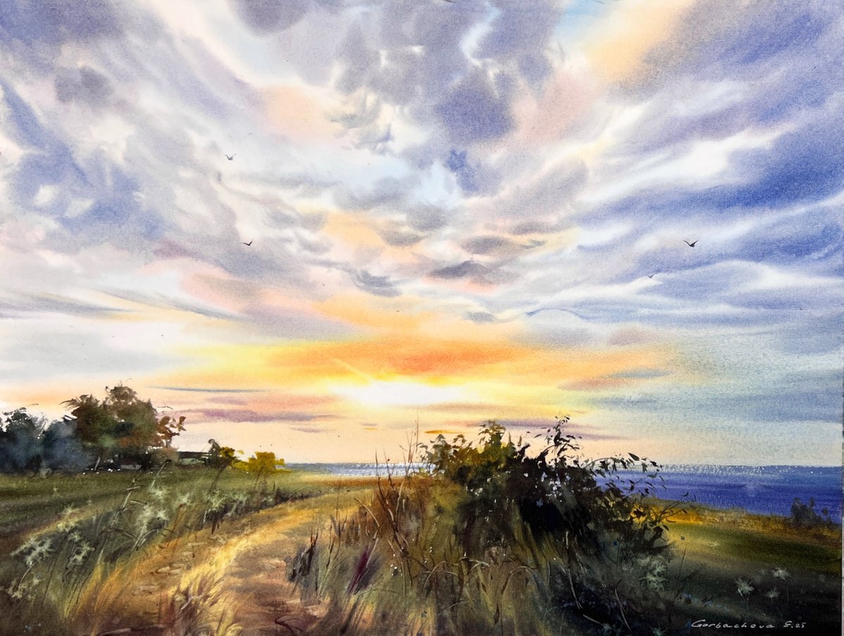 Impressionistic Watercolour , Golden Skyline Of Cyprus By Eugenia Gorbacheva, 16 X 12, Artwork For Sale On Artfinder