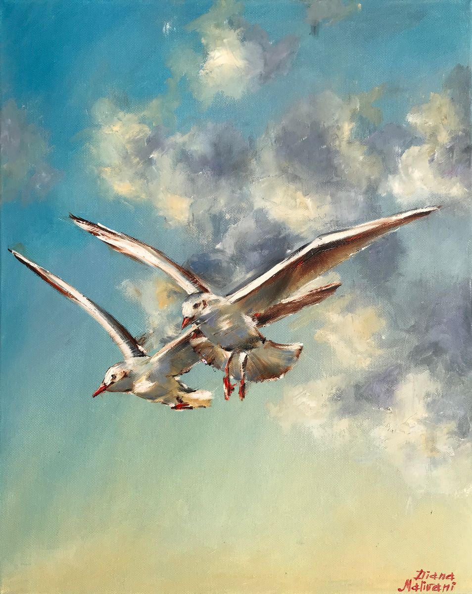 Impressionistic Botanical Oil Painting By Diana Malivani, 16 X 20, Two Gulls, Original Artwork