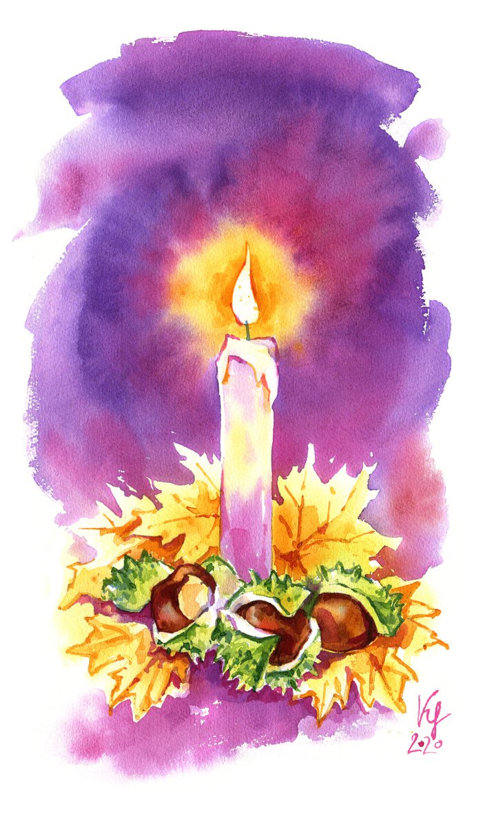 Autumn candle is burning original watercolor artwork illustration by Ksenia Selianko