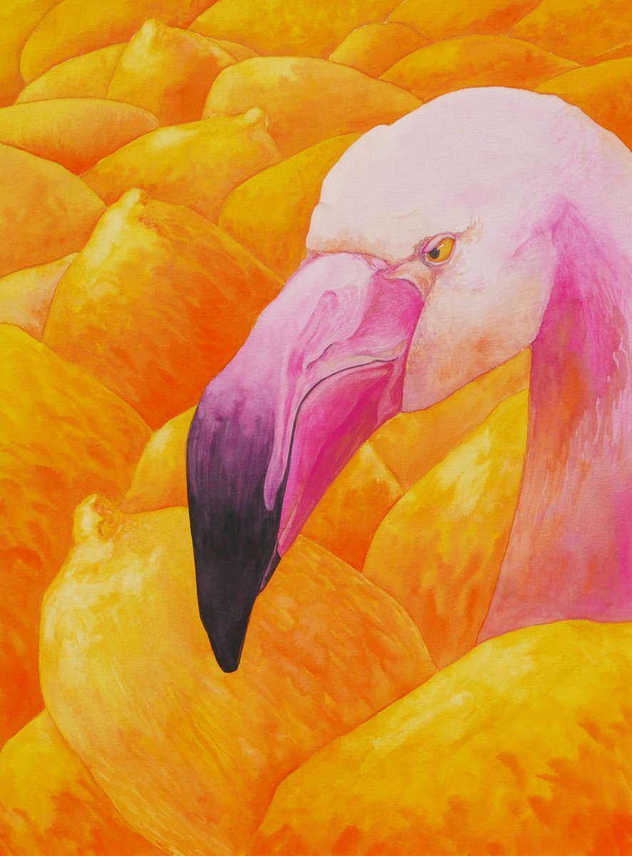 Impressionistic Animal Watercolour By Karina Danylchuk, 12 X 16", Flamingo With Lemons, Original Artwork