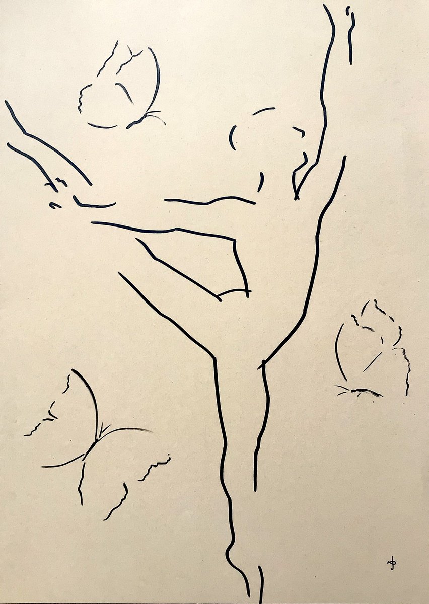 Expressive Animal Ink Drawing By David Jones, 16 X 22, Together - The Butterfly Dance, Original Artwork