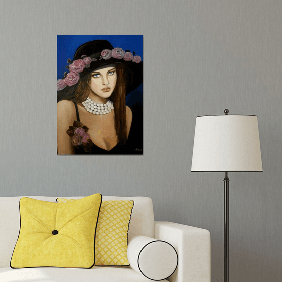 Lady with hat - portrait-oil painting- home decor